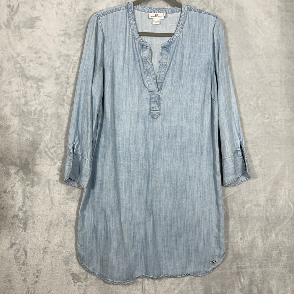 Vineyard Vines Womens 10 Blue Shirt‎ Dress V-Neck 3/4 Roll Tab Chambray Preppy